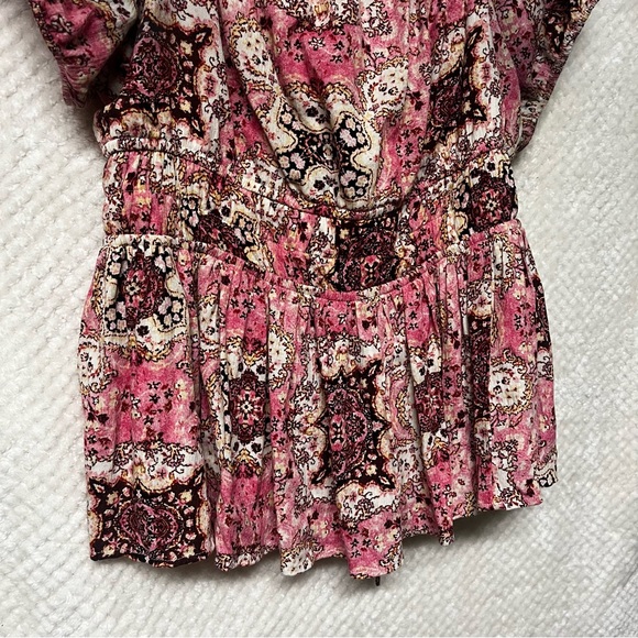 TORRID Crinkle Gauze Cris Cross Back Top Pink & Brown Peplum Cinched Waist Shirt - Picture 6 of 13